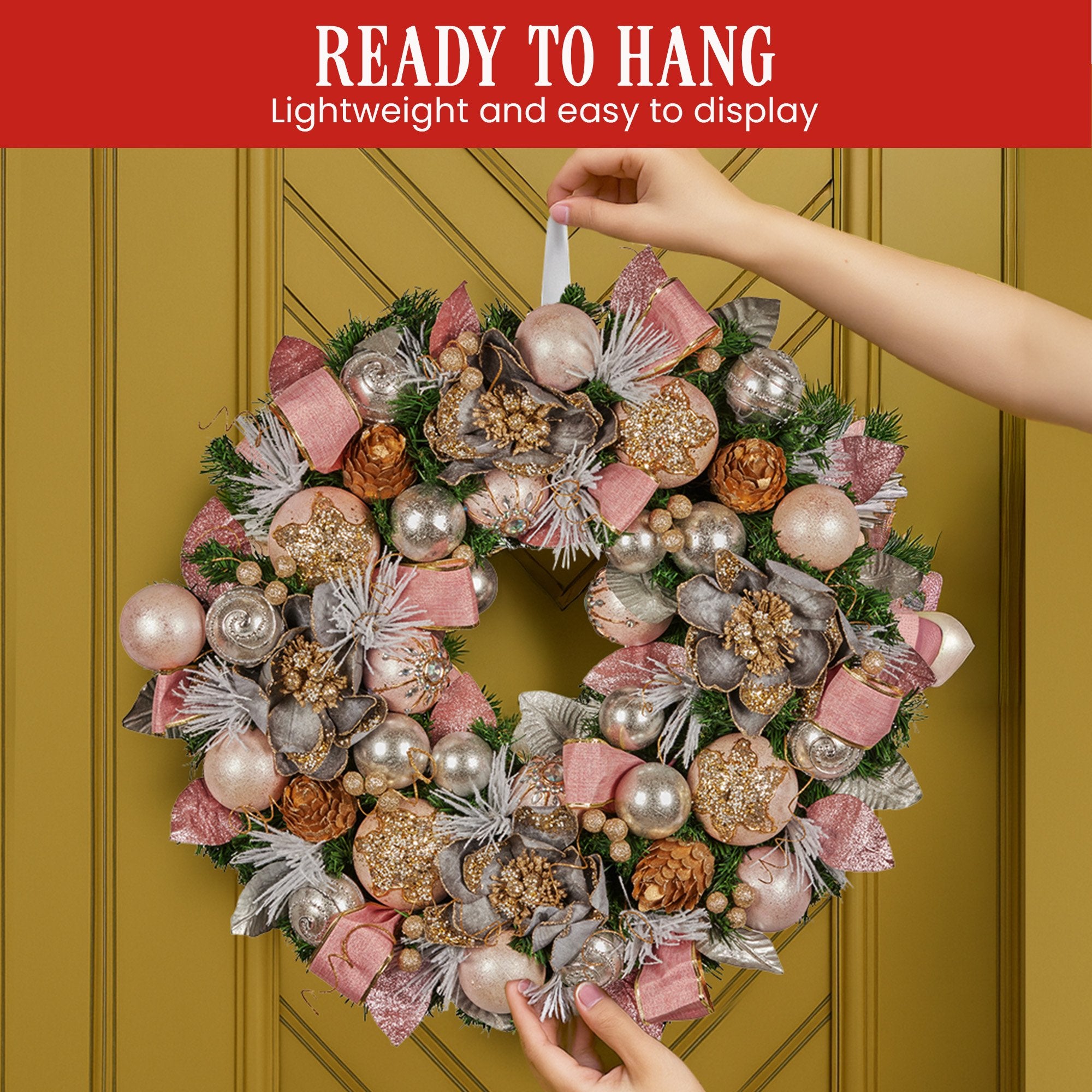 71cm Christmas Wreath Lush Green Holiday Door Wreath w/Jewelled Baubles, Foliage, Flowers, Ribbon & Berries