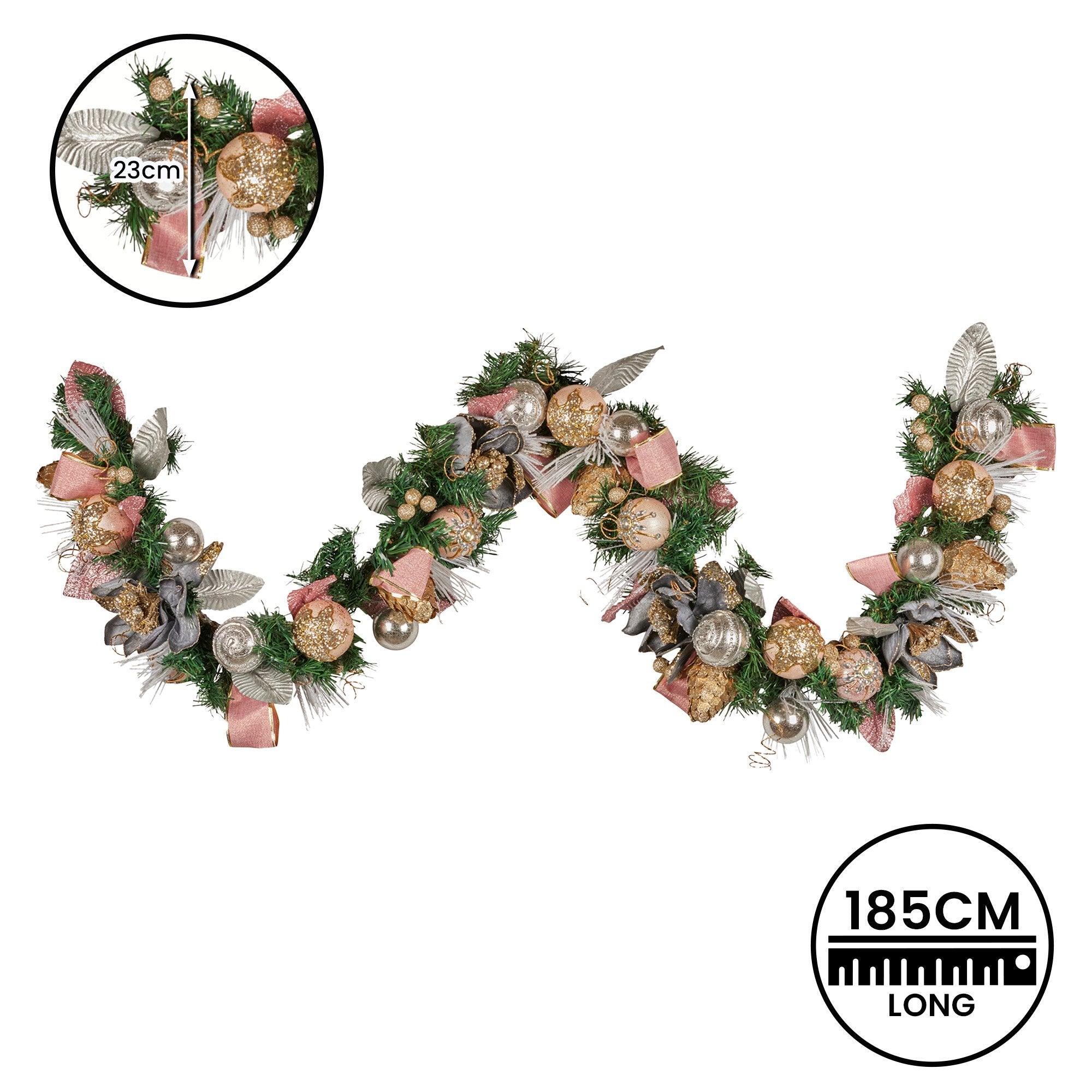 185cm Christmas Garland Lush Green Holiday Door Garland w/Jewelled Baubles, Flowers, Ribbon & Berries