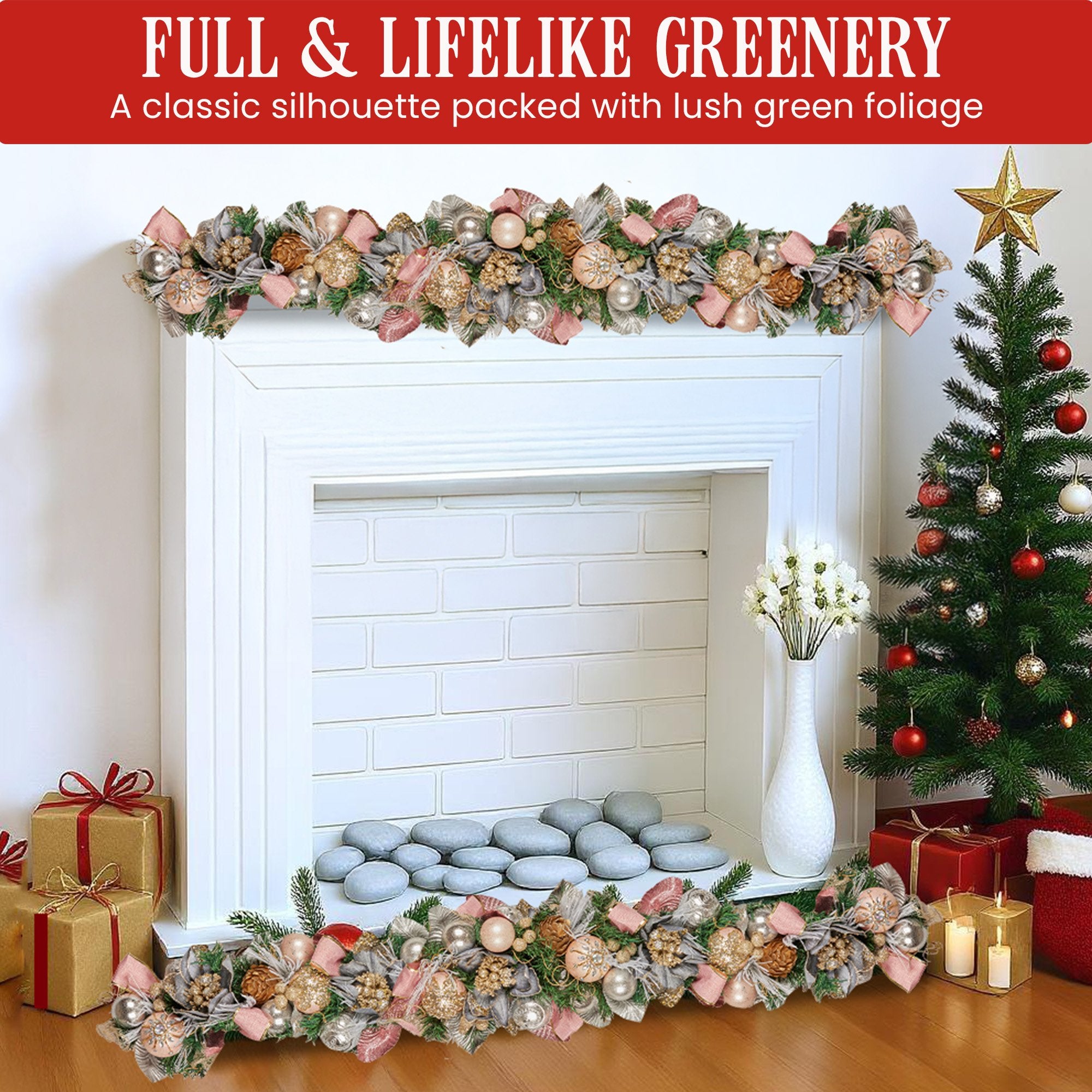 185cm Christmas Garland Lush Green Holiday Door Garland w/Jewelled Baubles, Flowers, Ribbon & Berries