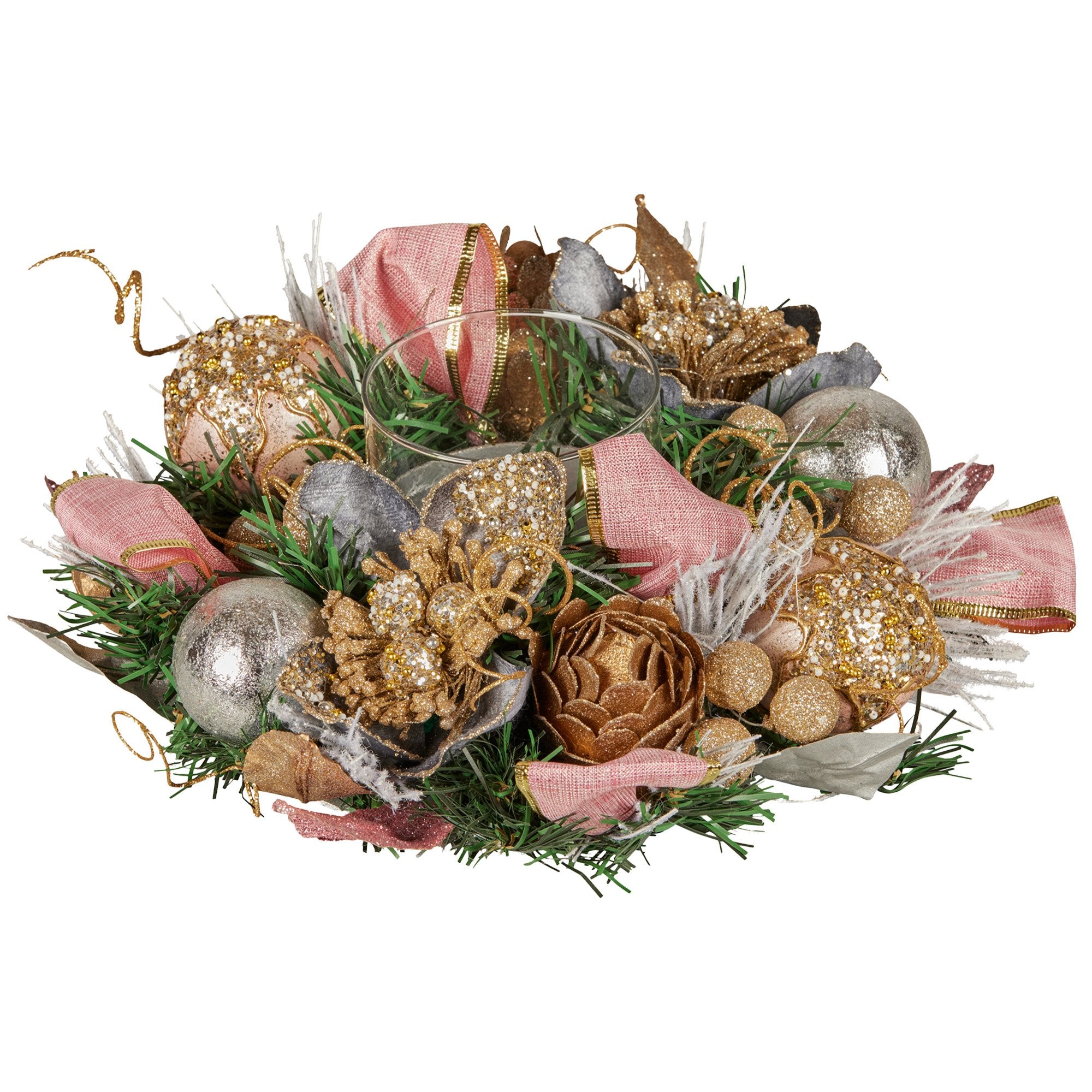 26cm Christmas Centrepiece Lush Green Holiday w/Jewelled Baubles, Foliage, Flowers, Pine Cones, Ribbon