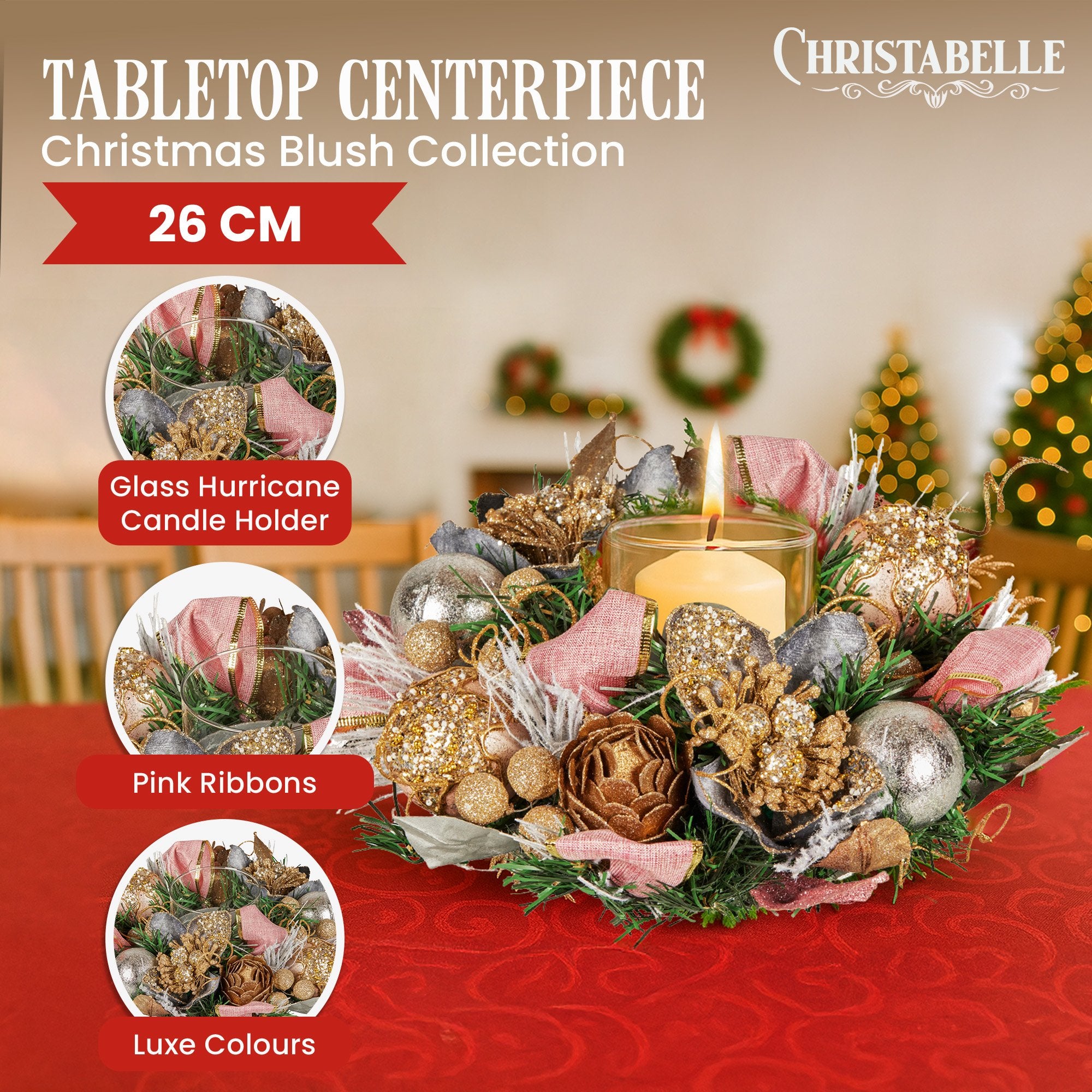 26cm Christmas Centrepiece Lush Green Holiday w/Jewelled Baubles, Foliage, Flowers, Pine Cones, Ribbon