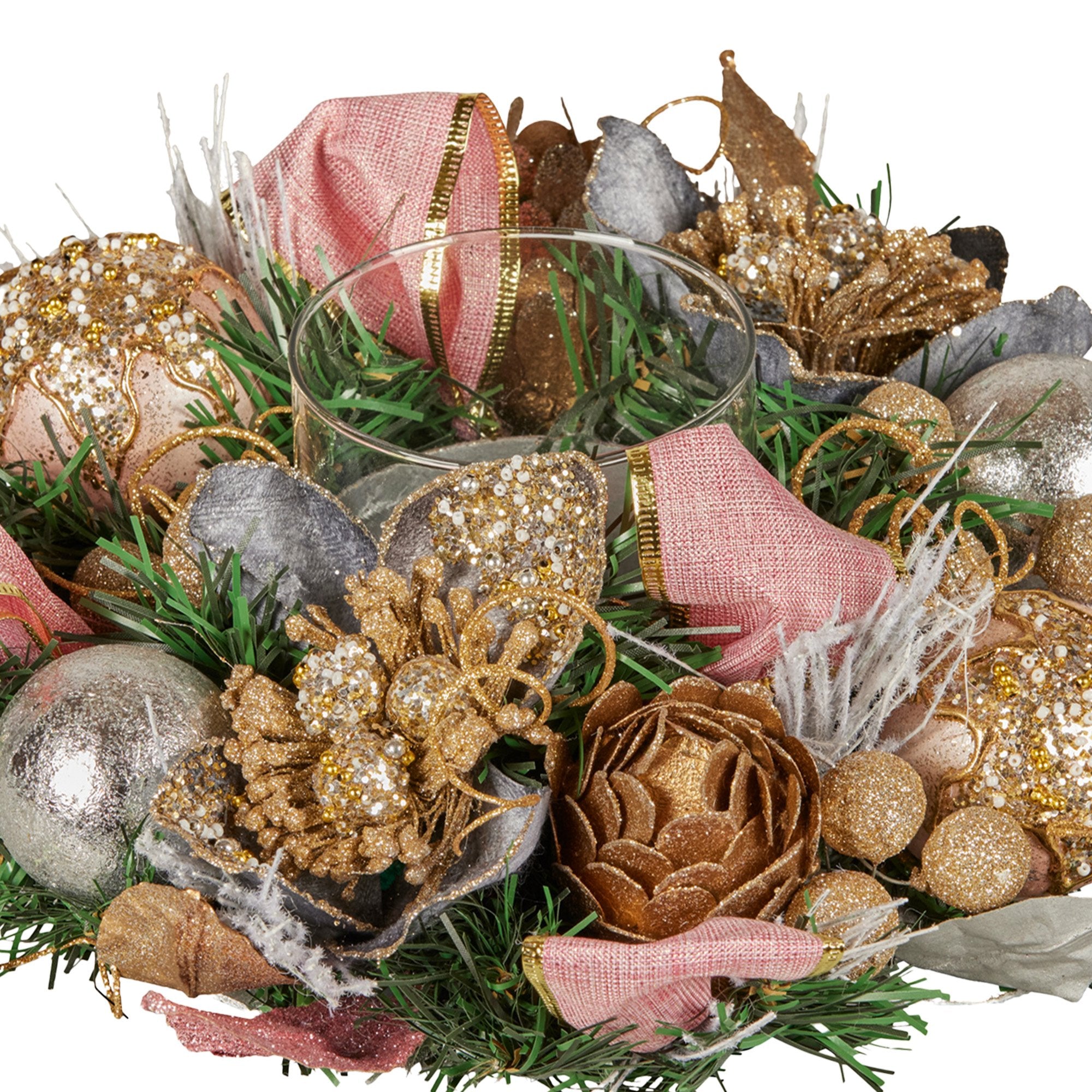 26cm Christmas Centrepiece Lush Green Holiday w/Jewelled Baubles, Foliage, Flowers, Pine Cones, Ribbon