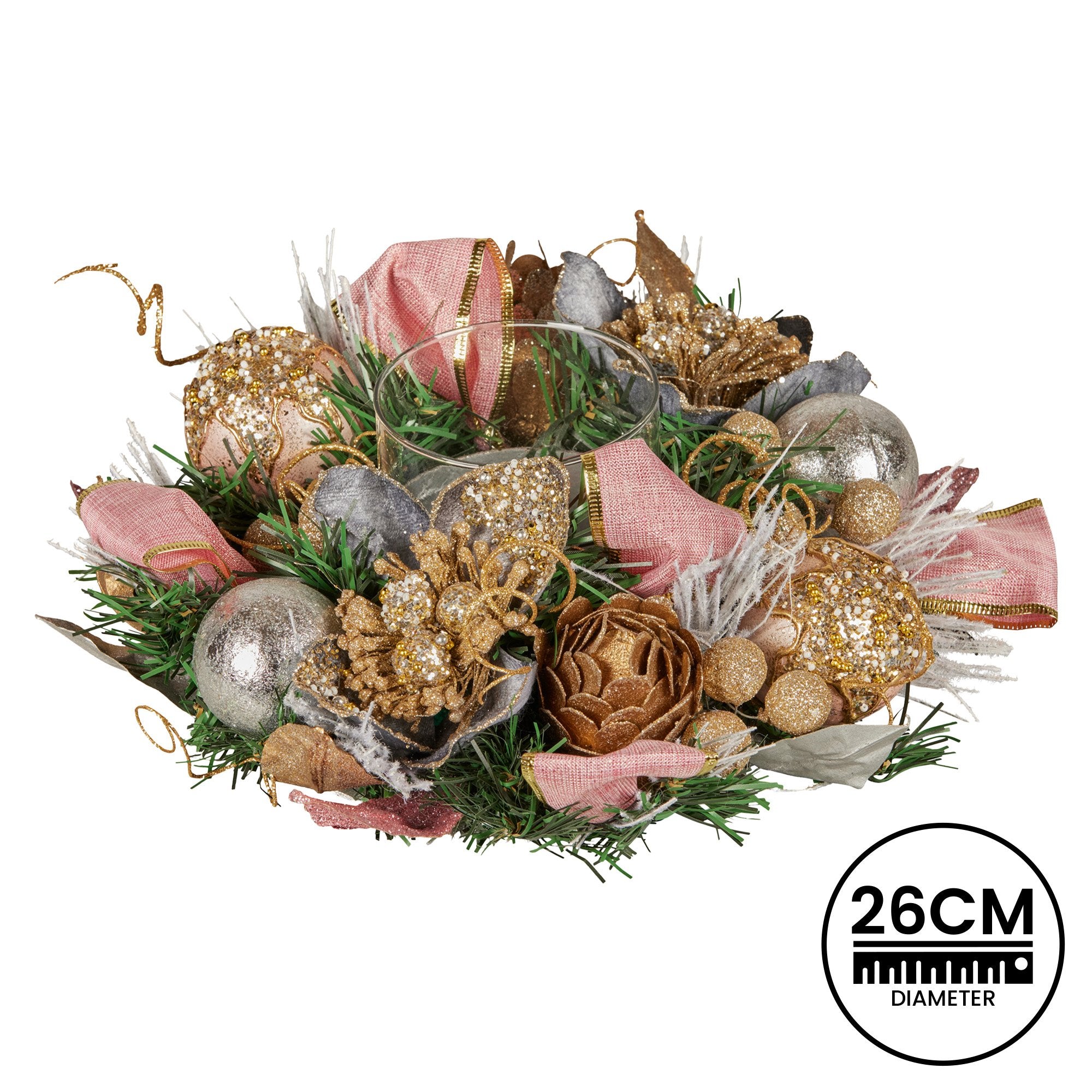 26cm Christmas Centrepiece Lush Green Holiday w/Jewelled Baubles, Foliage, Flowers, Pine Cones, Ribbon