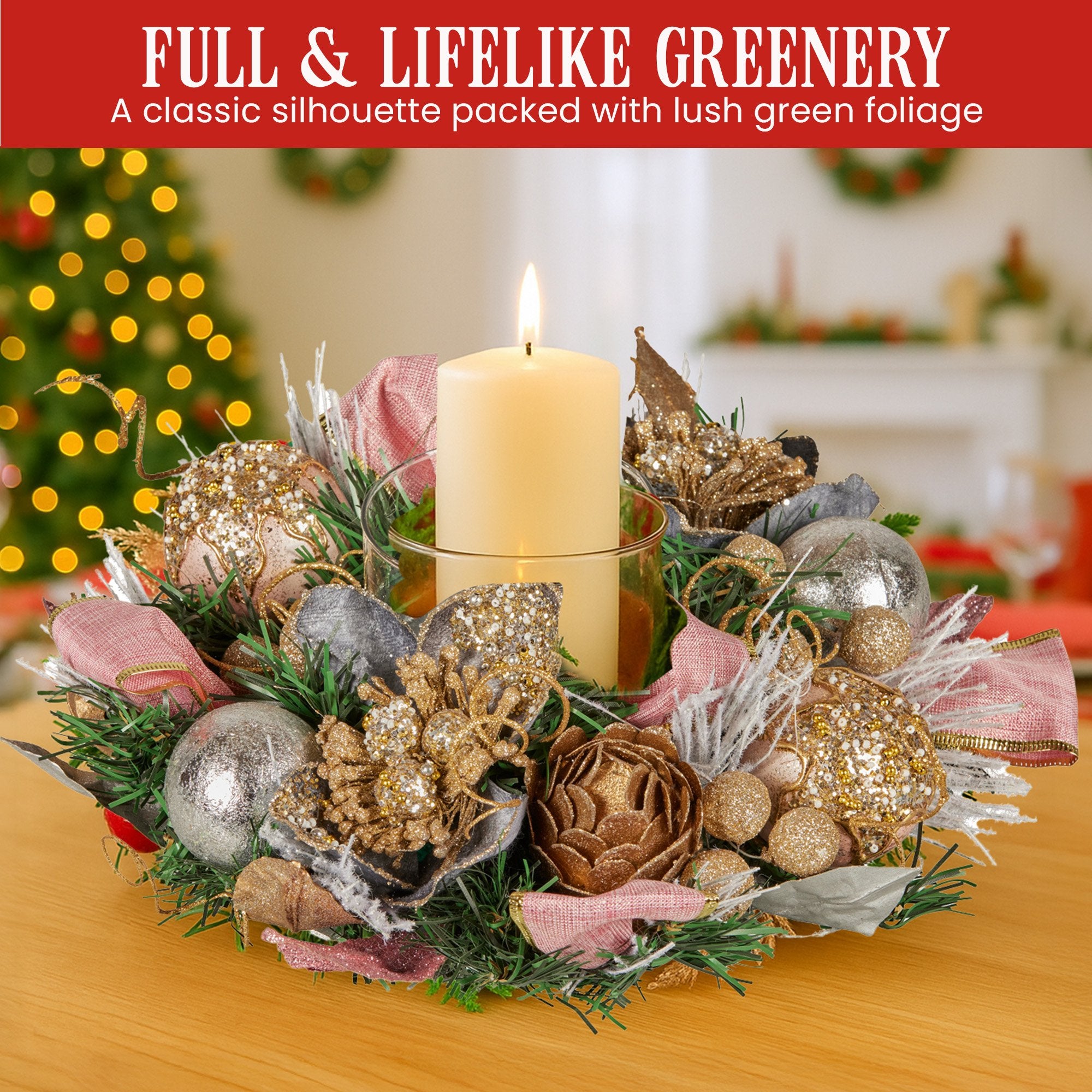 26cm Christmas Centrepiece Lush Green Holiday w/Jewelled Baubles, Foliage, Flowers, Pine Cones, Ribbon