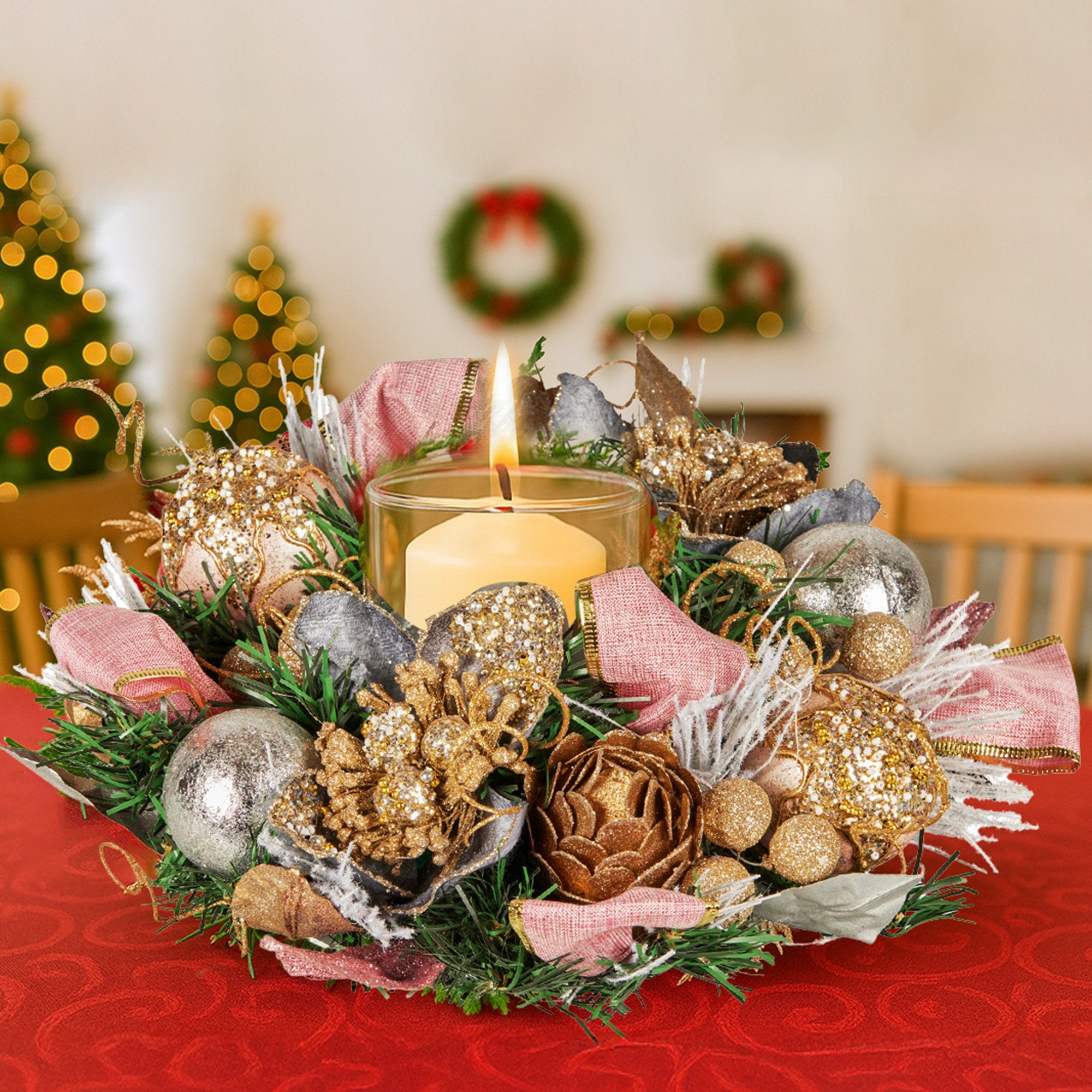 26cm Christmas Centrepiece Lush Green Holiday w/Jewelled Baubles, Foliage, Flowers, Pine Cones, Ribbon