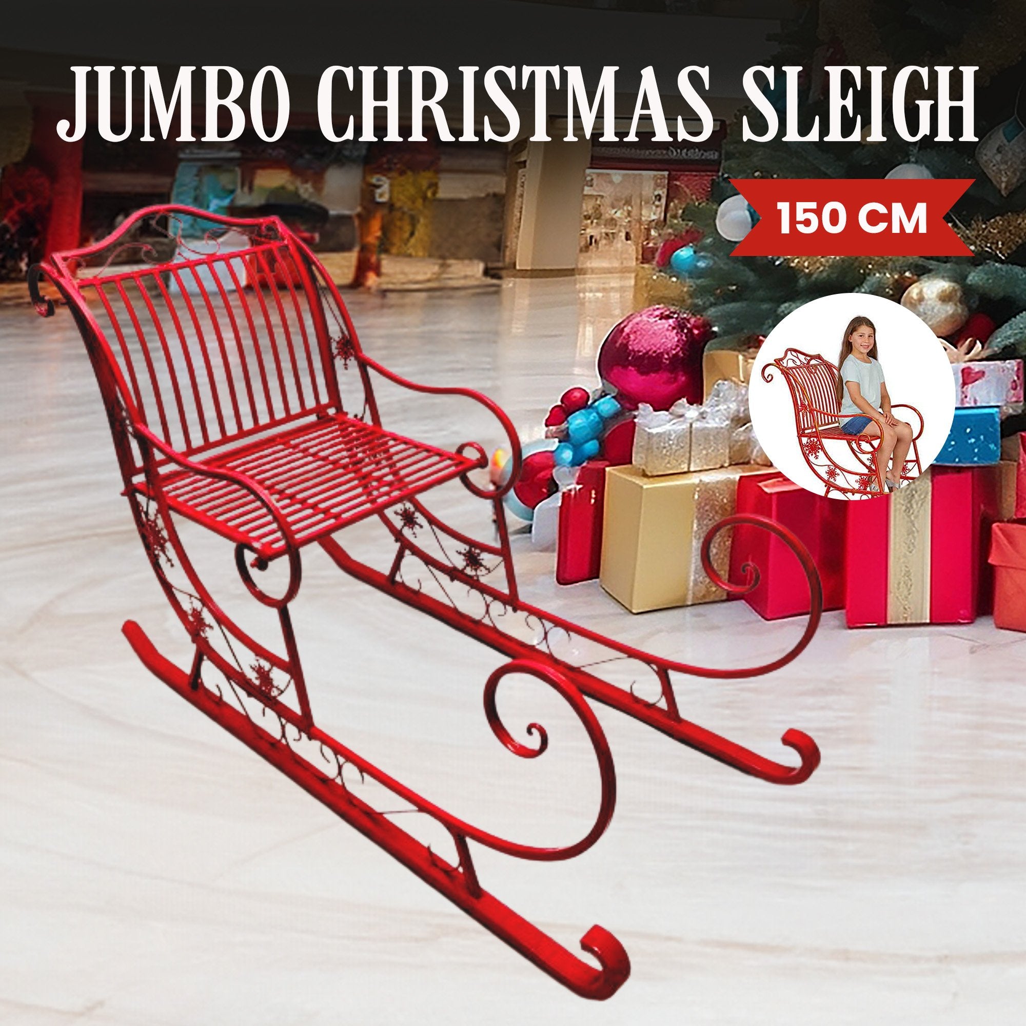 Christmas Sleigh With Red Finish - Metal 150cm