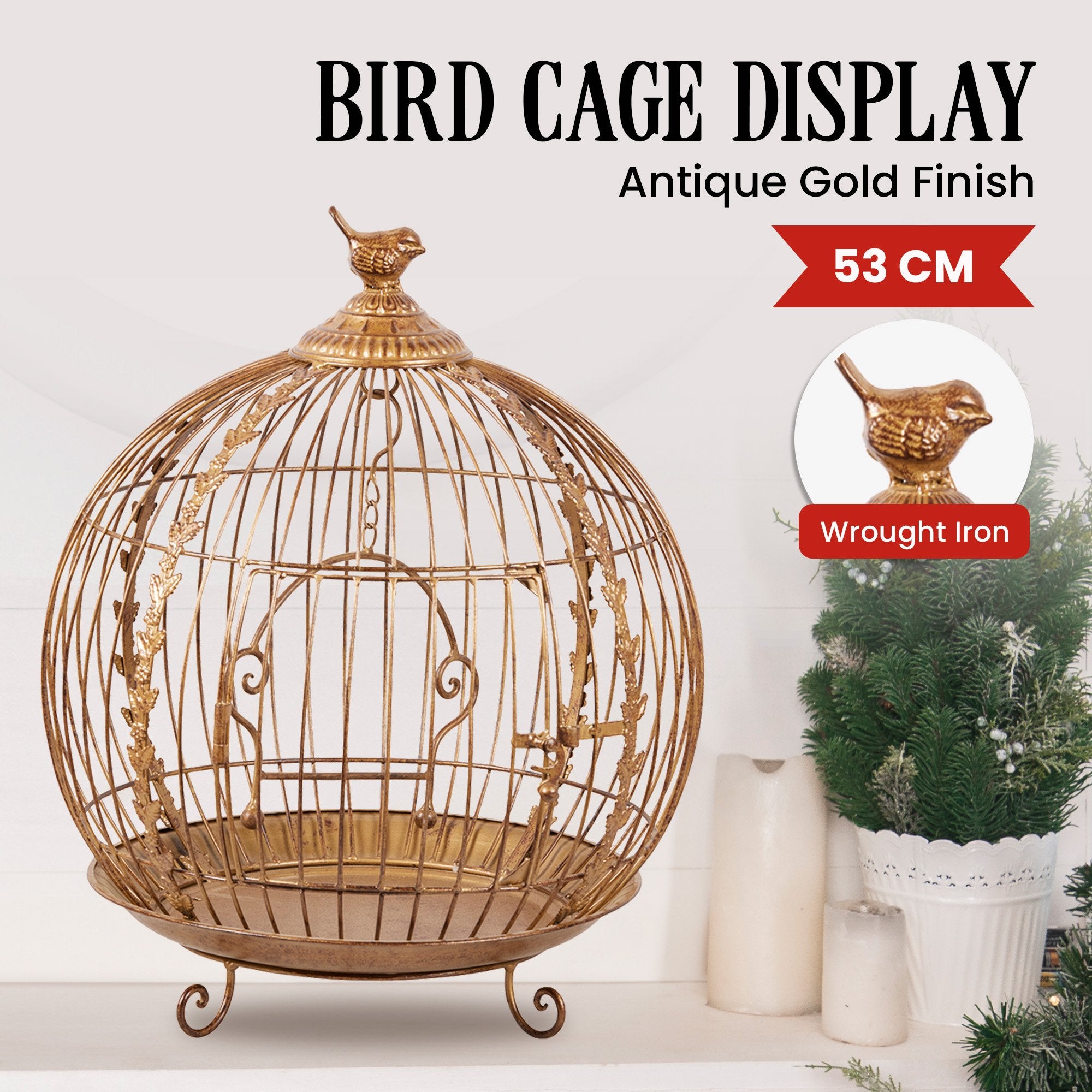 Antique Gold Metal Art Iron Wrought Material Bird Cage Display Christmas Decor