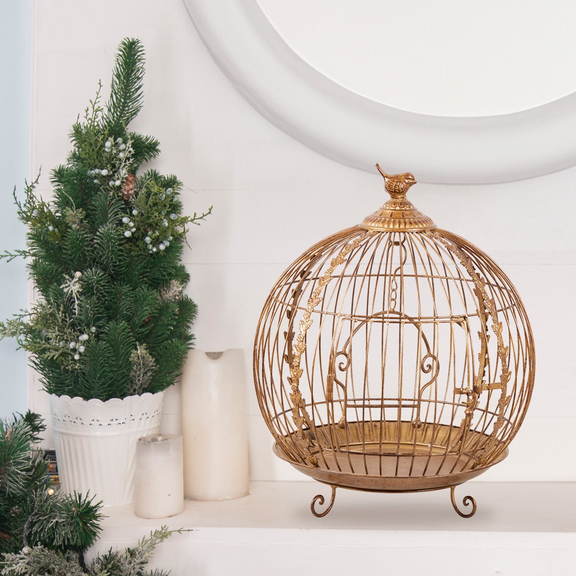 Antique Gold Metal Art Iron Wrought Material Bird Cage Display Christmas Decor
