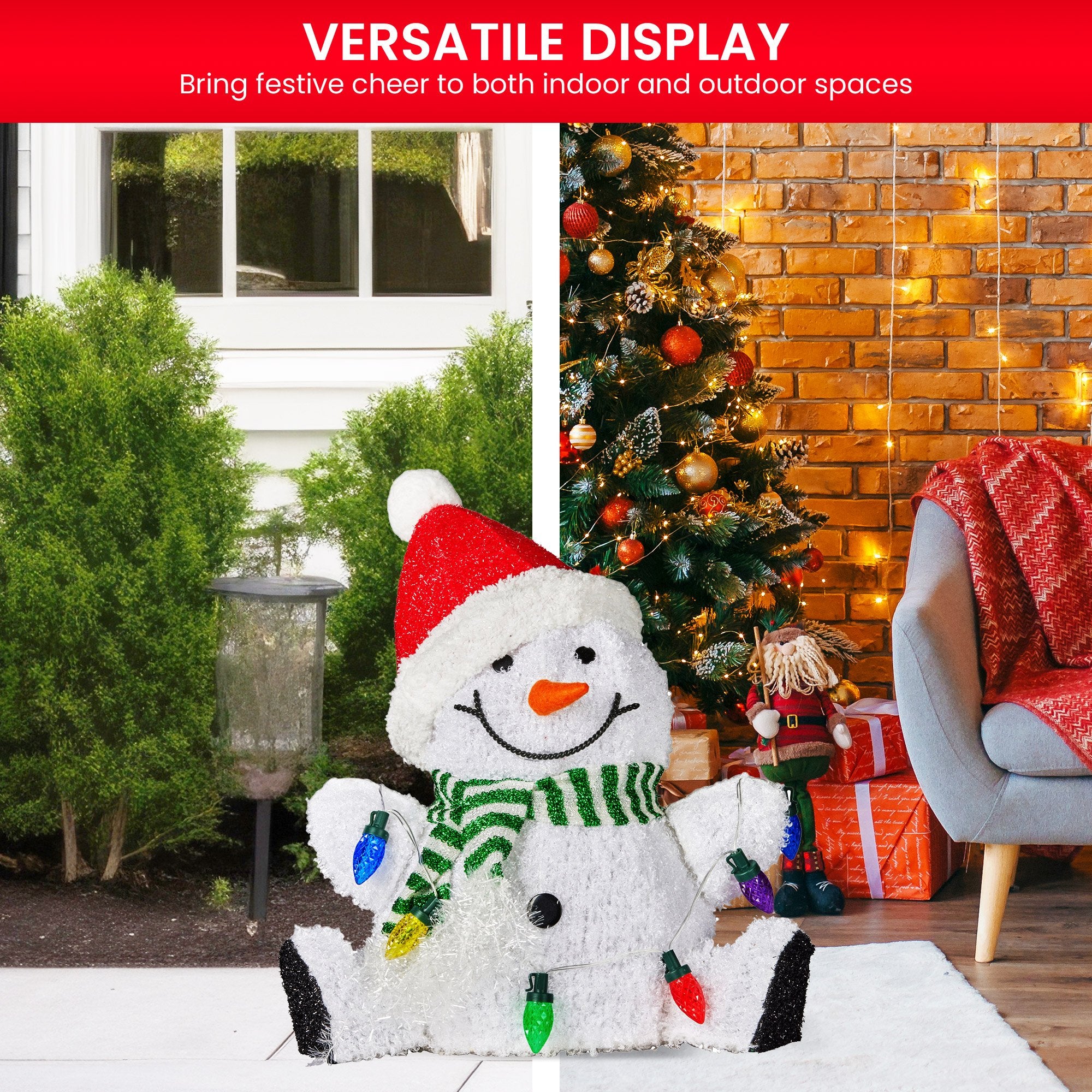 Sitting Christmas Snowman Display With Lights - 40cm