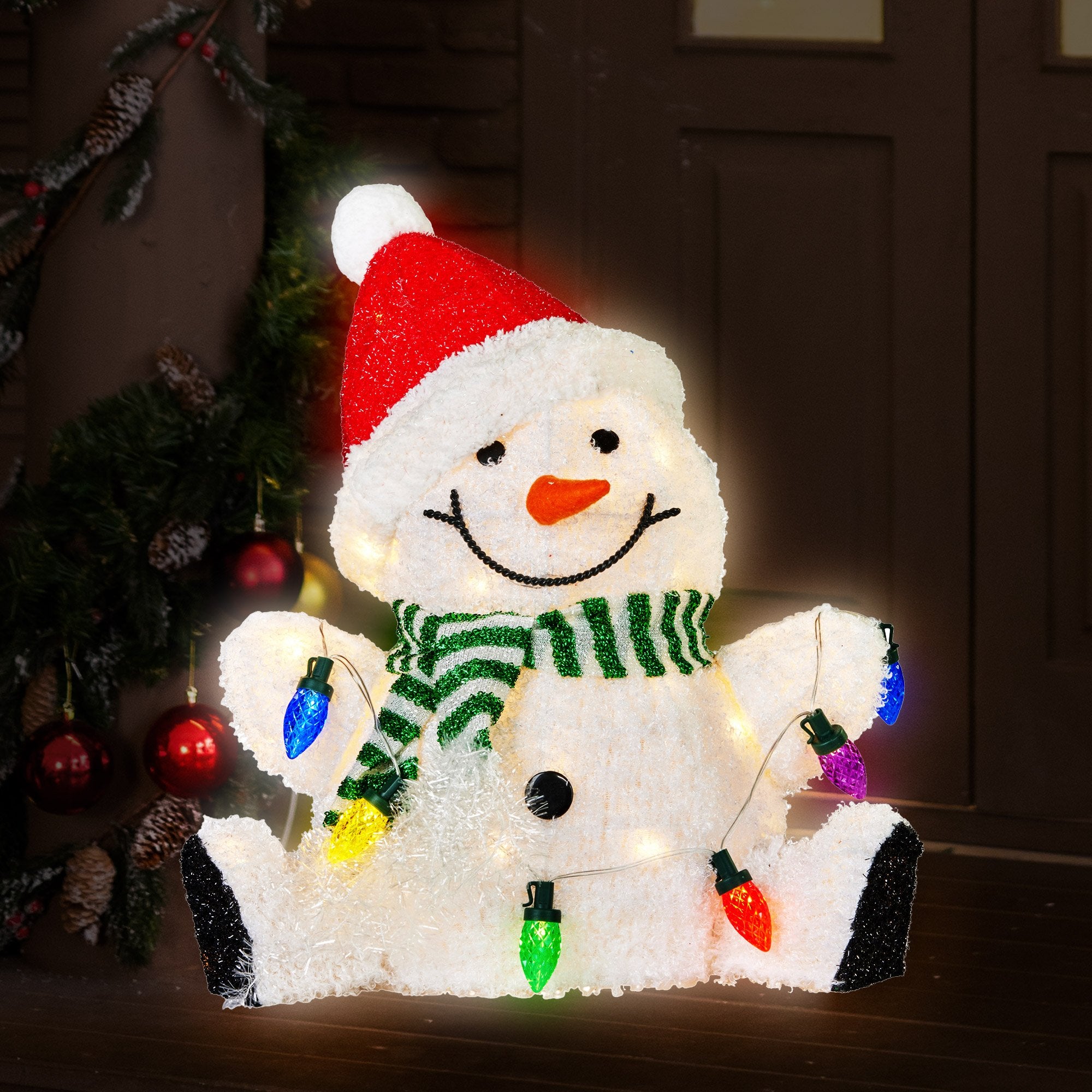 Sitting Christmas Snowman Display With Lights - 40cm