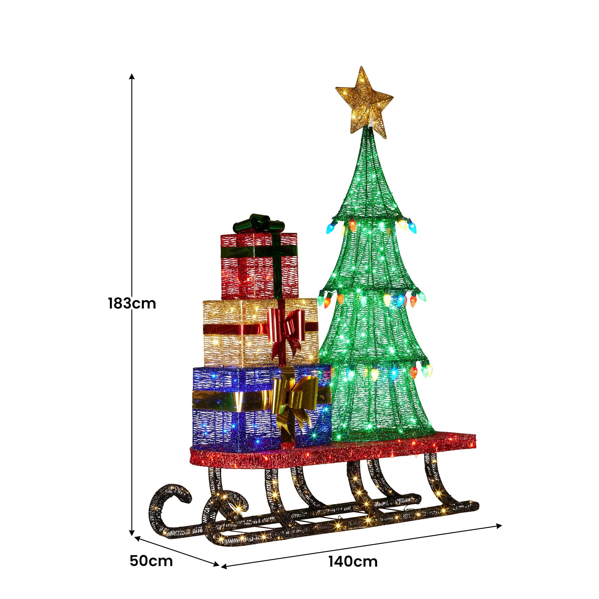 Christmas Display Sled 183cm With Tree And Presents Led Lights & C9 Bulbs