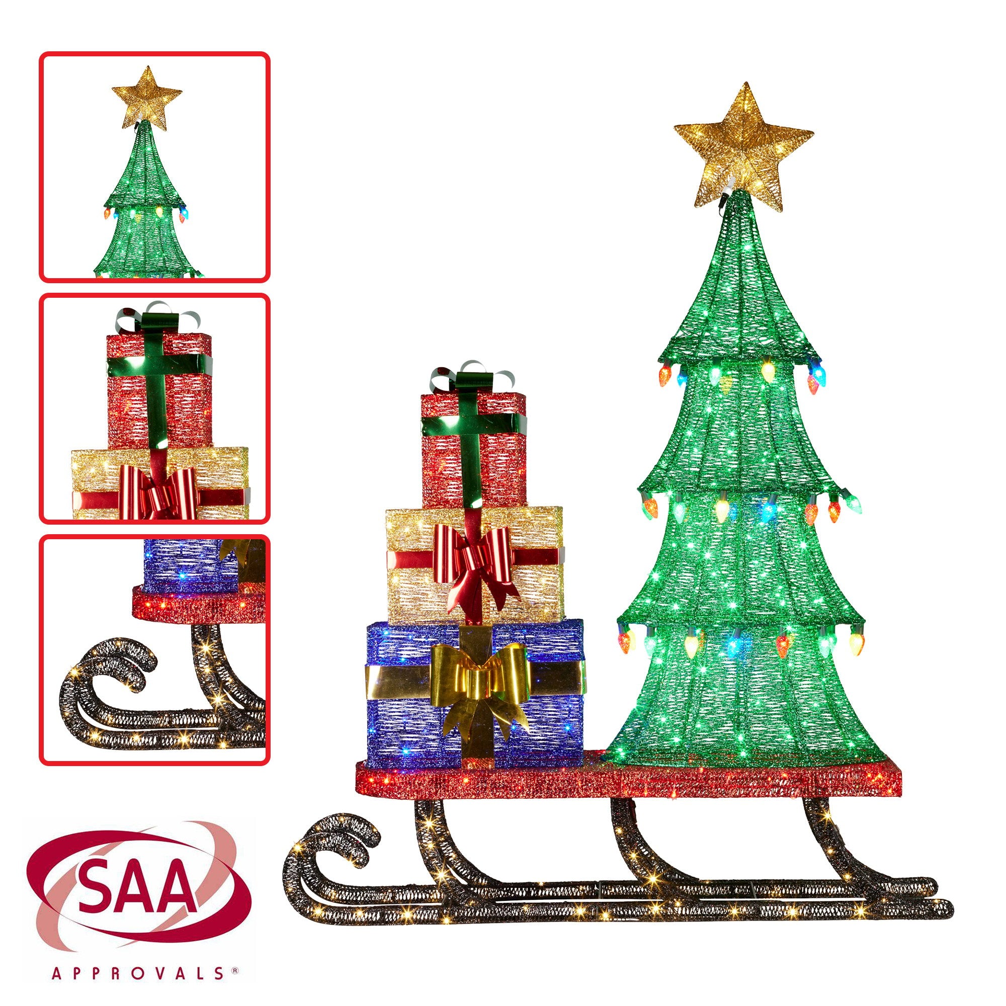 Christmas Display Sled 183cm With Tree And Presents Led Lights & C9 Bulbs