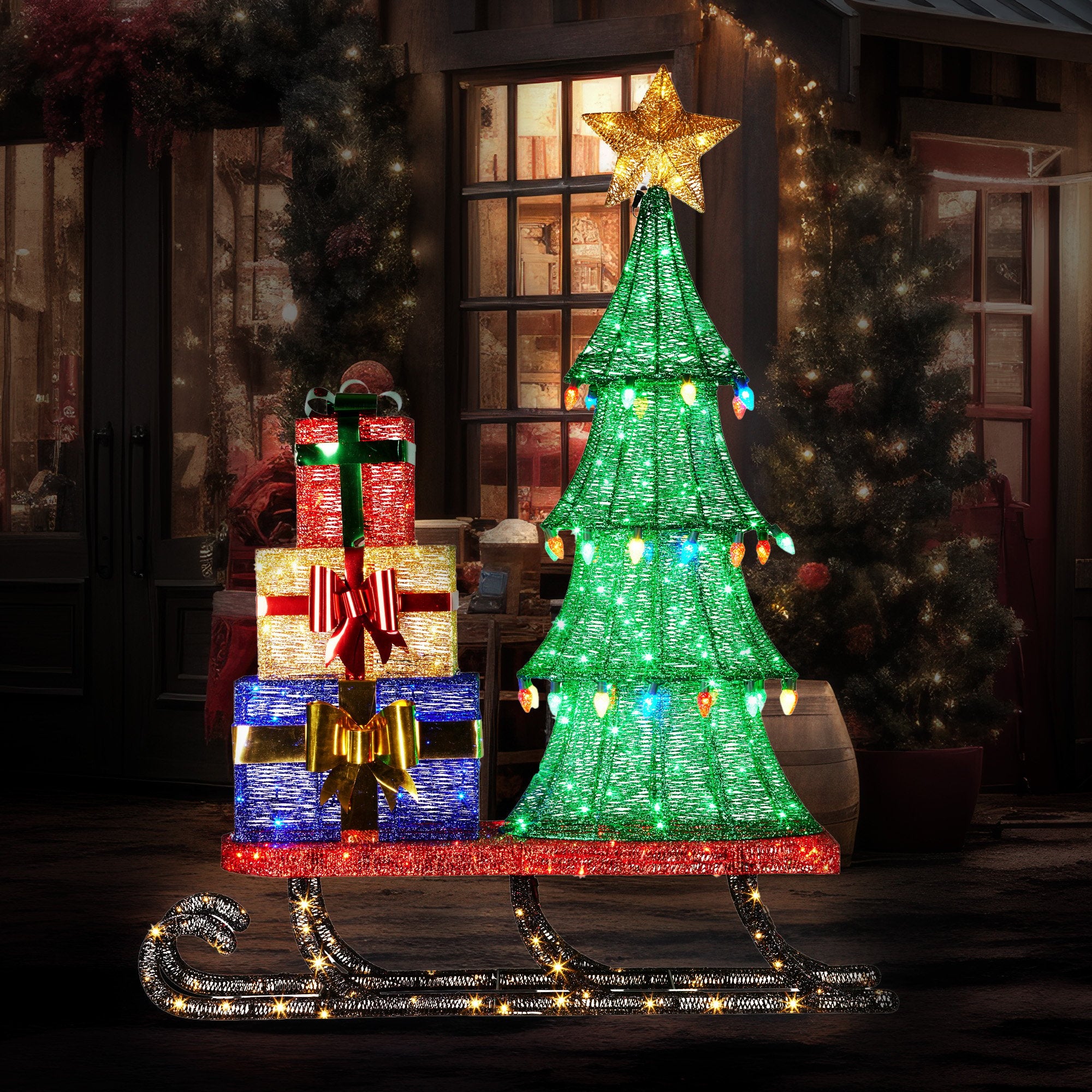 Christmas Display Sled 183cm With Tree And Presents Led Lights & C9 Bulbs