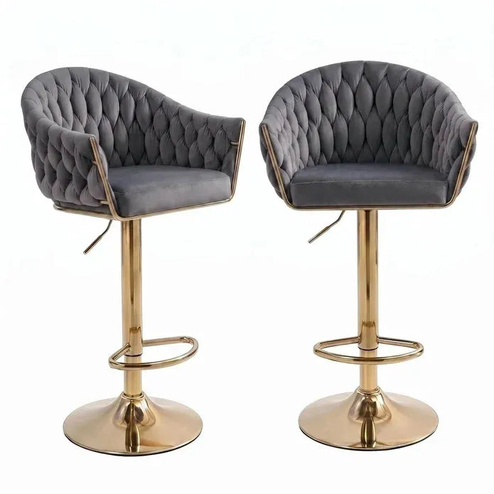 Set of 2 Modern Velvet Swivel Adjustable Breakfast Bar Stools with Backrest - Gold-Grey