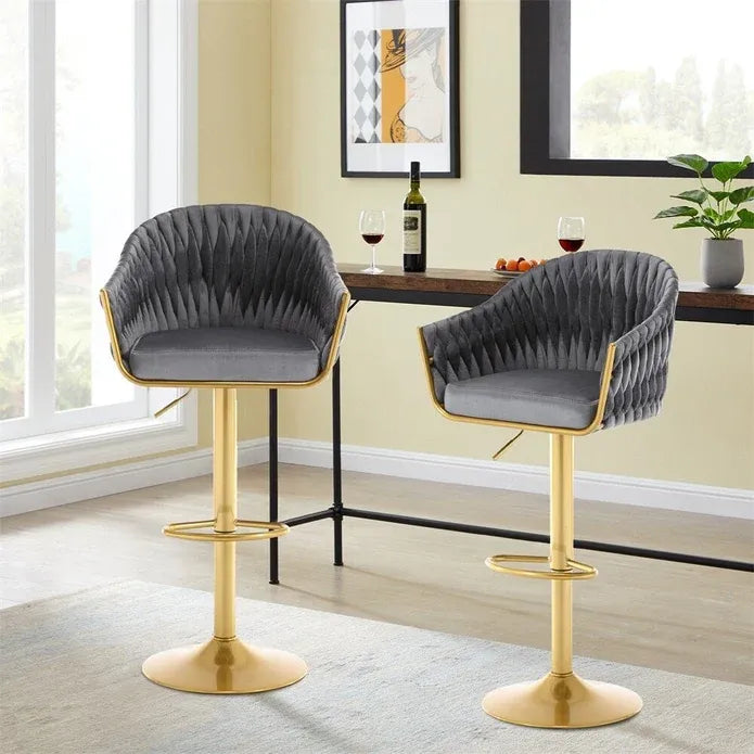 Set of 2 Modern Velvet Swivel Adjustable Breakfast Bar Stools with Backrest - Gold-Grey