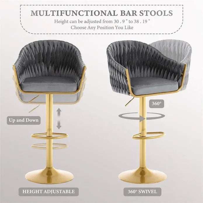 Set of 2 Modern Velvet Swivel Adjustable Breakfast Bar Stools with Backrest - Gold-Grey