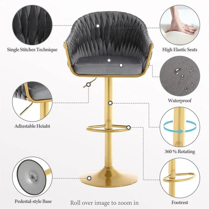 Set of 2 Modern Velvet Swivel Adjustable Breakfast Bar Stools with Backrest - Gold-Grey