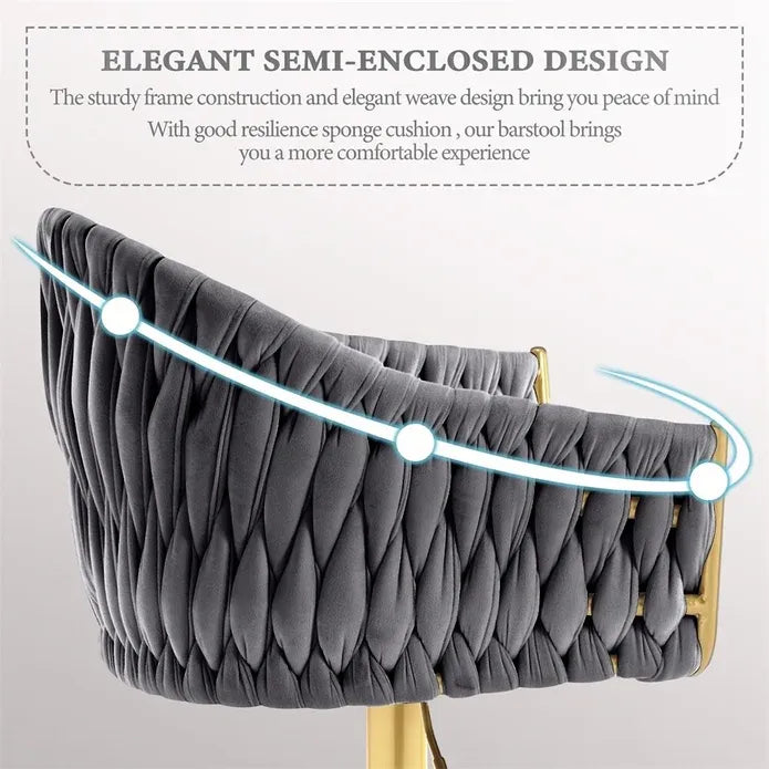 Set of 2 Modern Velvet Swivel Adjustable Breakfast Bar Stools with Backrest - Gold-Grey