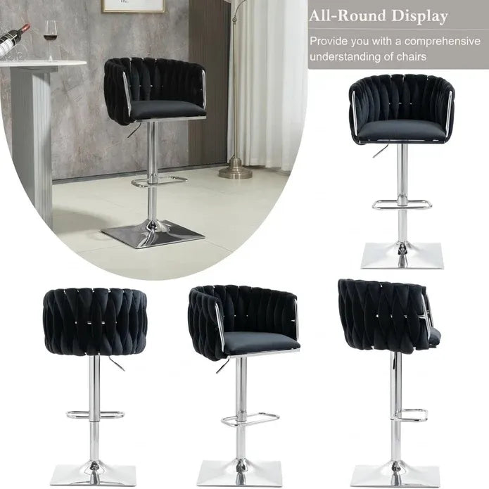 Set of 2 Modern Velvet Swivel Adjustable Breakfast Bar Stools with Backrest - Silver-Black