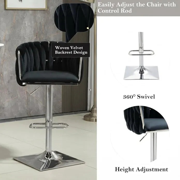 Set of 2 Modern Velvet Swivel Adjustable Breakfast Bar Stools with Backrest - Silver-Black