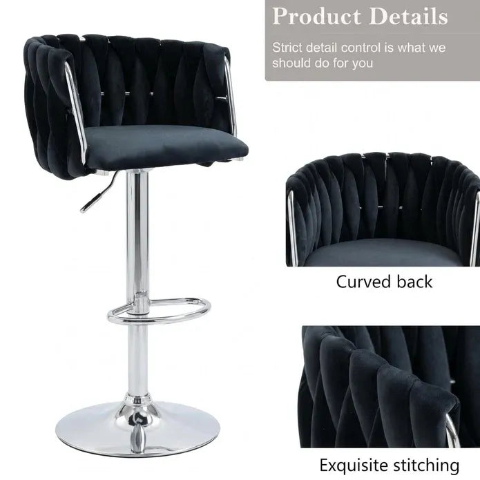 Set of 2 Modern Velvet Swivel Adjustable Breakfast Bar Stools with Backrest - Silver-Black