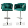 Set of 2 Modern Velvet Swivel Adjustable Breakfast Bar Stools with Backrest - Silver-Emerald Green