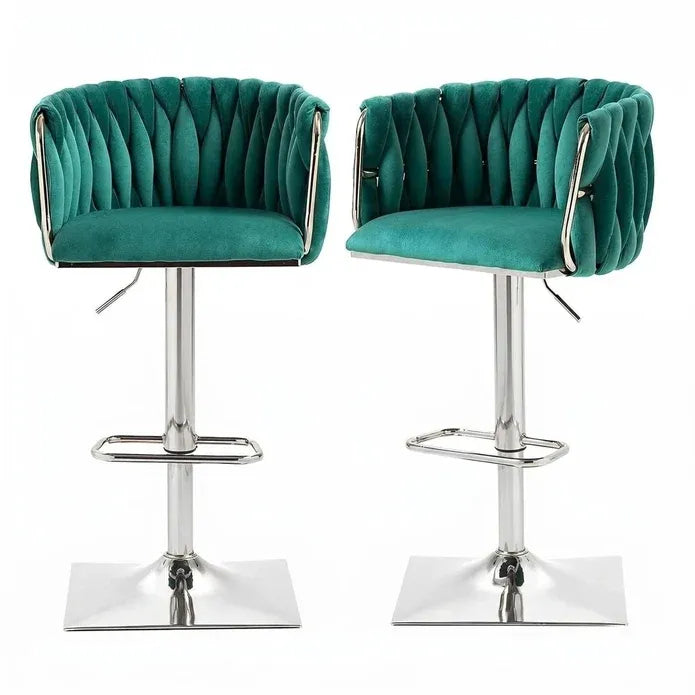 Set of 2 Modern Velvet Swivel Adjustable Breakfast Bar Stools with Backrest - Silver-Emerald Green