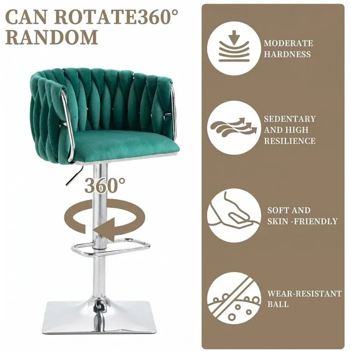 Set of 2 Modern Velvet Swivel Adjustable Breakfast Bar Stools with Backrest - Silver-Emerald Green