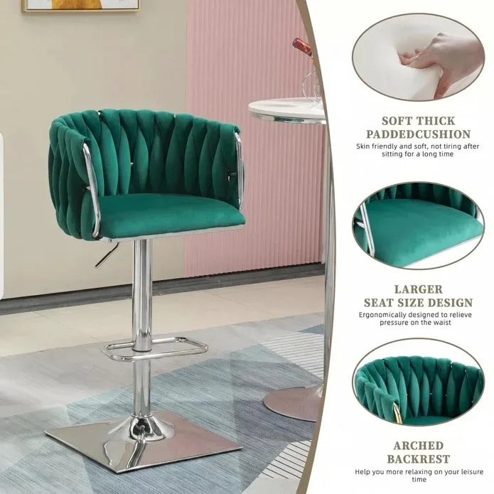 Set of 2 Modern Velvet Swivel Adjustable Breakfast Bar Stools with Backrest - Silver-Emerald Green