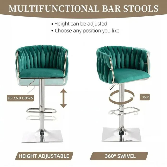 Set of 2 Modern Velvet Swivel Adjustable Breakfast Bar Stools with Backrest - Silver-Emerald Green