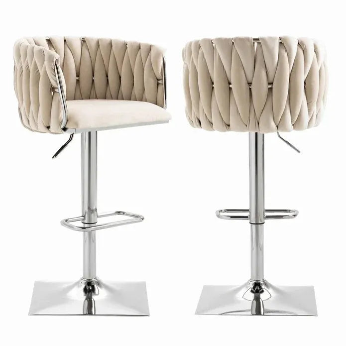 Set of 2 Modern Velvet Swivel Adjustable Breakfast Bar Stools with Backrest - Silver-Ivory
