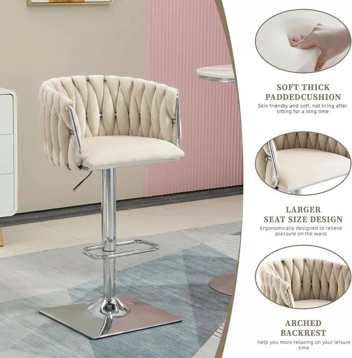 Set of 2 Modern Velvet Swivel Adjustable Breakfast Bar Stools with Backrest - Silver-Ivory