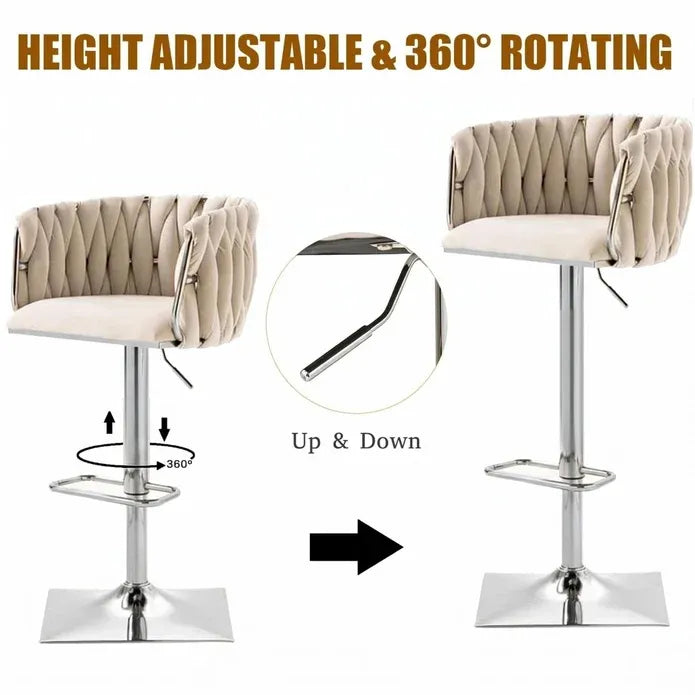 Set of 2 Modern Velvet Swivel Adjustable Breakfast Bar Stools with Backrest - Silver-Ivory