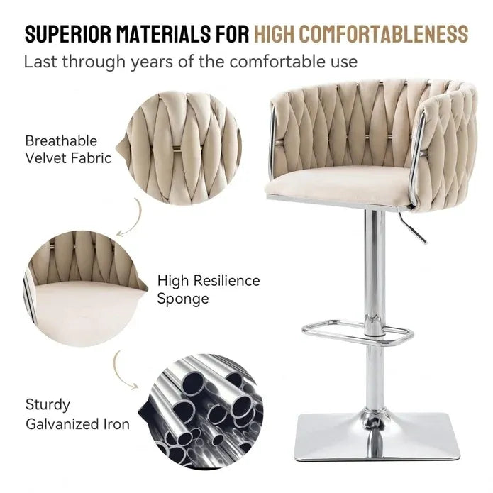 Set of 2 Modern Velvet Swivel Adjustable Breakfast Bar Stools with Backrest - Silver-Ivory