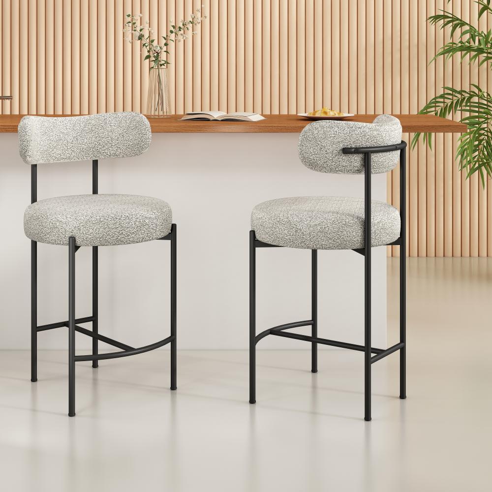 Set of 2 Lennox Contemporary Bouclé Bar Stools - White Quartz