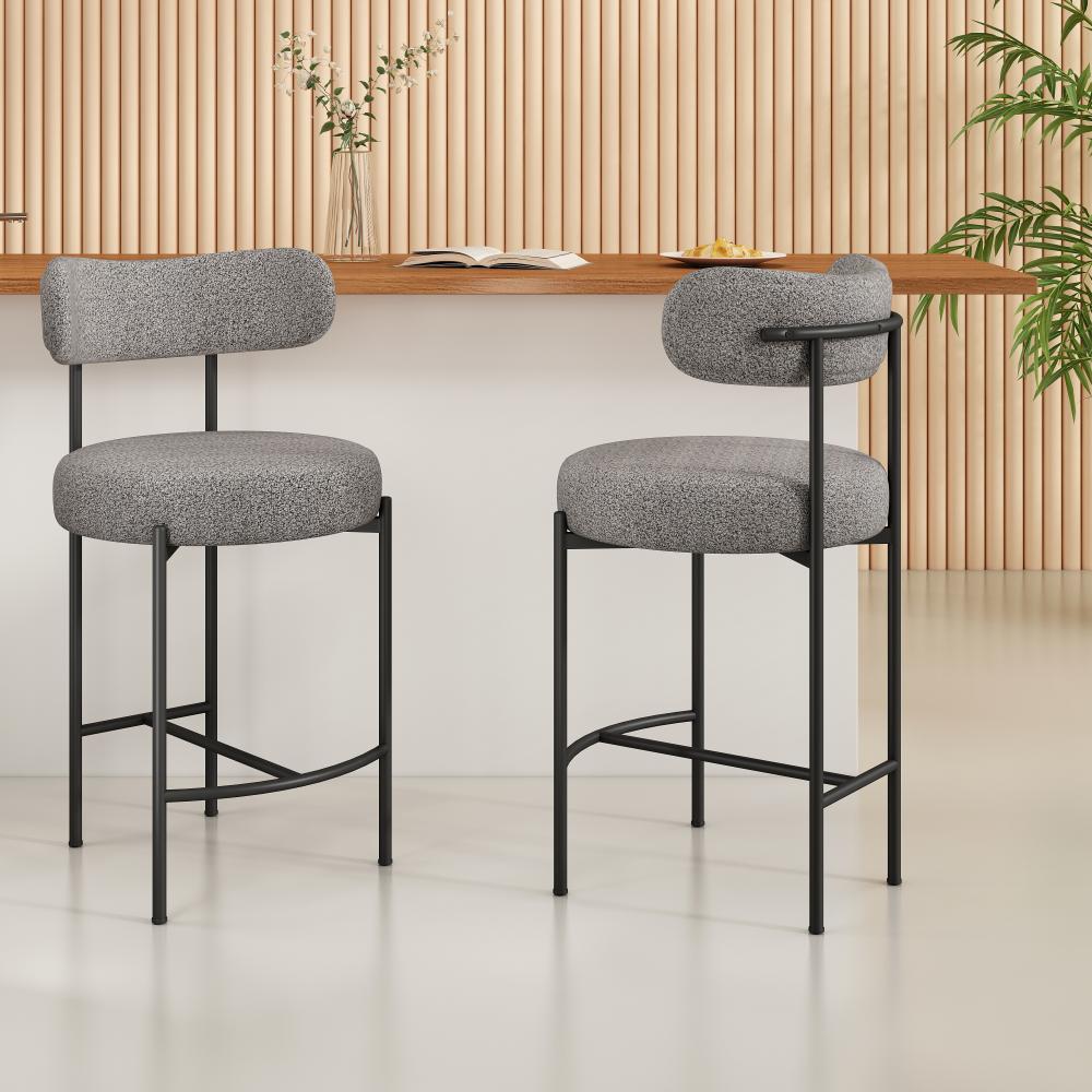 Set of 2 Lennox Contemporary Bouclé Bar Stools - Grey
