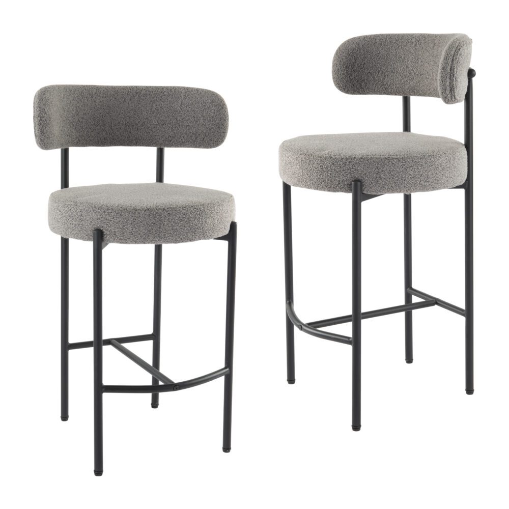 Set of 2 Lennox Contemporary Bouclé Bar Stools - Grey