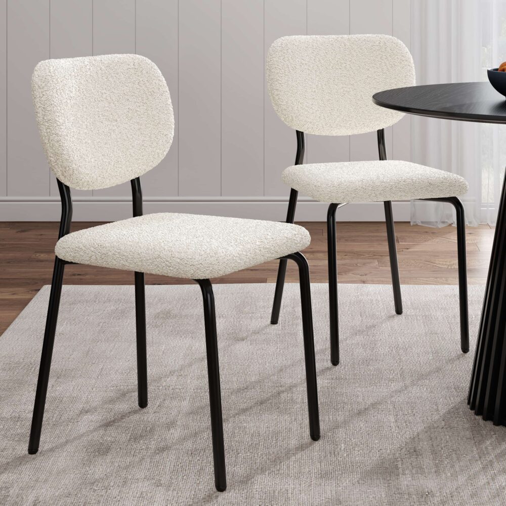 Set of 2 Bianca Boucle Fabric Dining Chairs - White