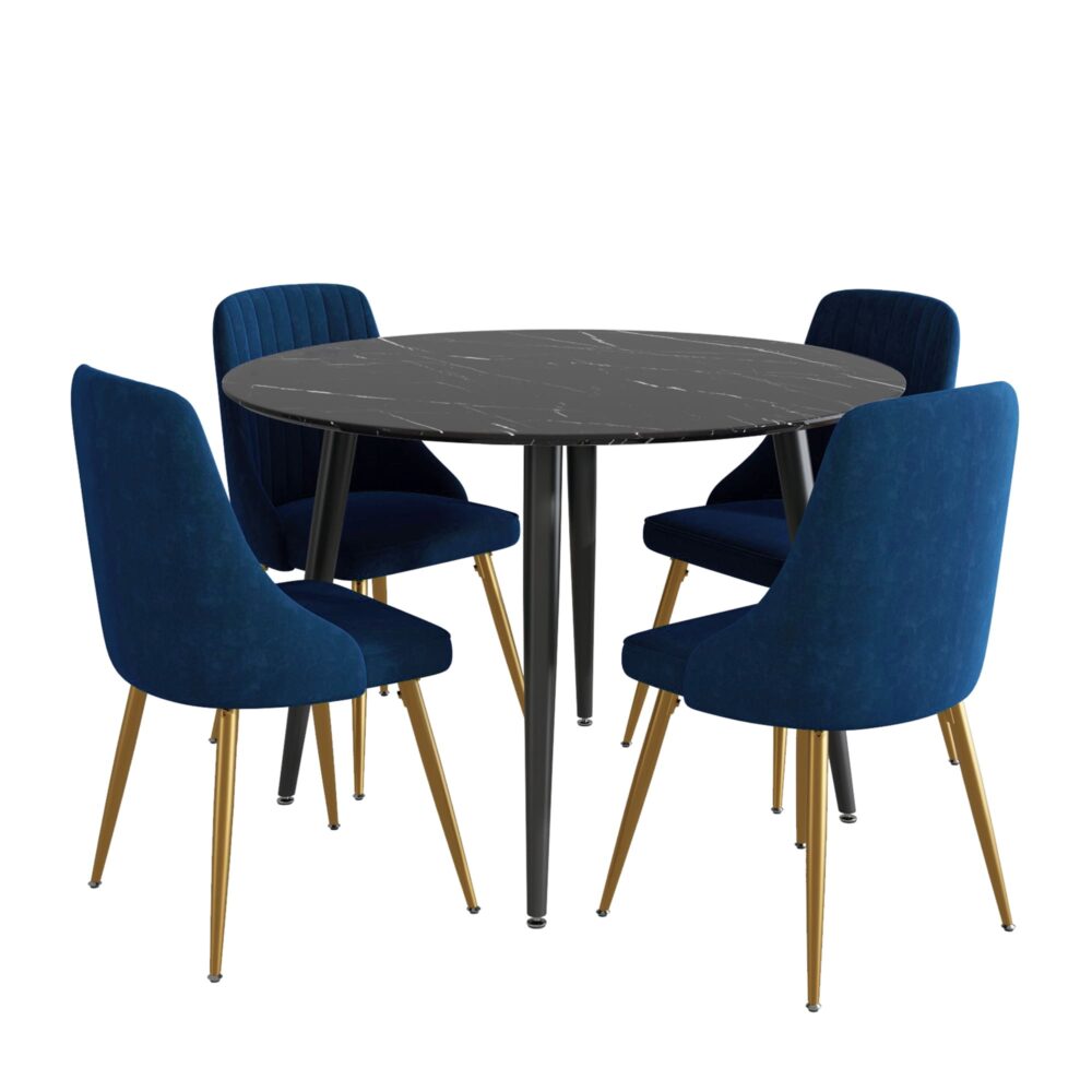 Genevieve Dining Set With 4 Blue Velvet Chairs