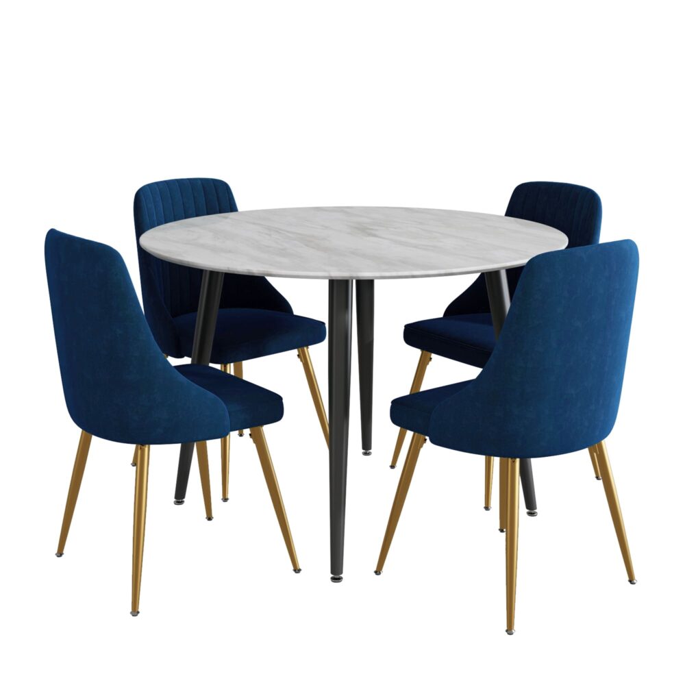 Juliette Dining Set With 4 Blue Velvet Chairs