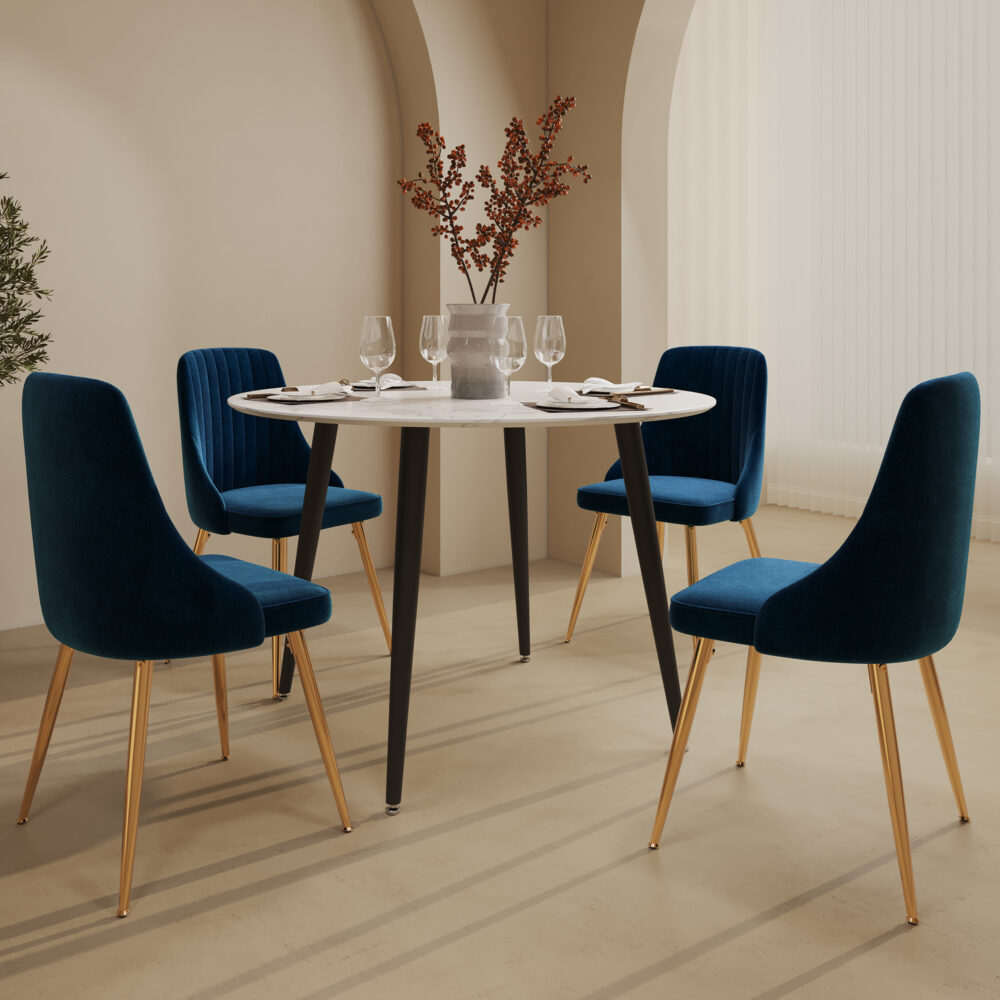 Juliette Dining Set With 4 Blue Velvet Chairs