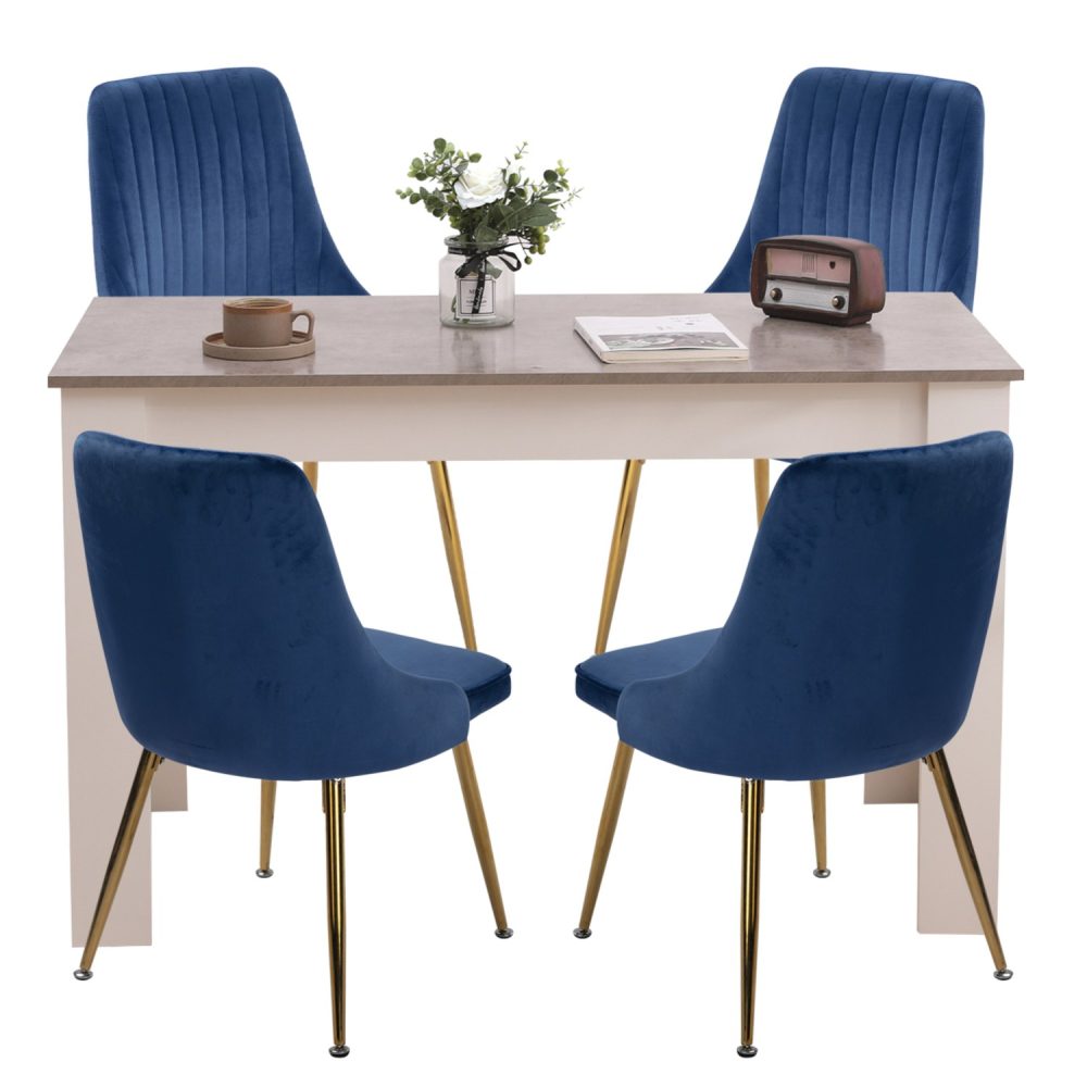 Grey Eveline Dining Set With 4 Blue Velvet Chairs