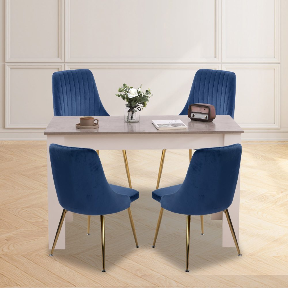 Grey Eveline Dining Set With 4 Blue Velvet Chairs