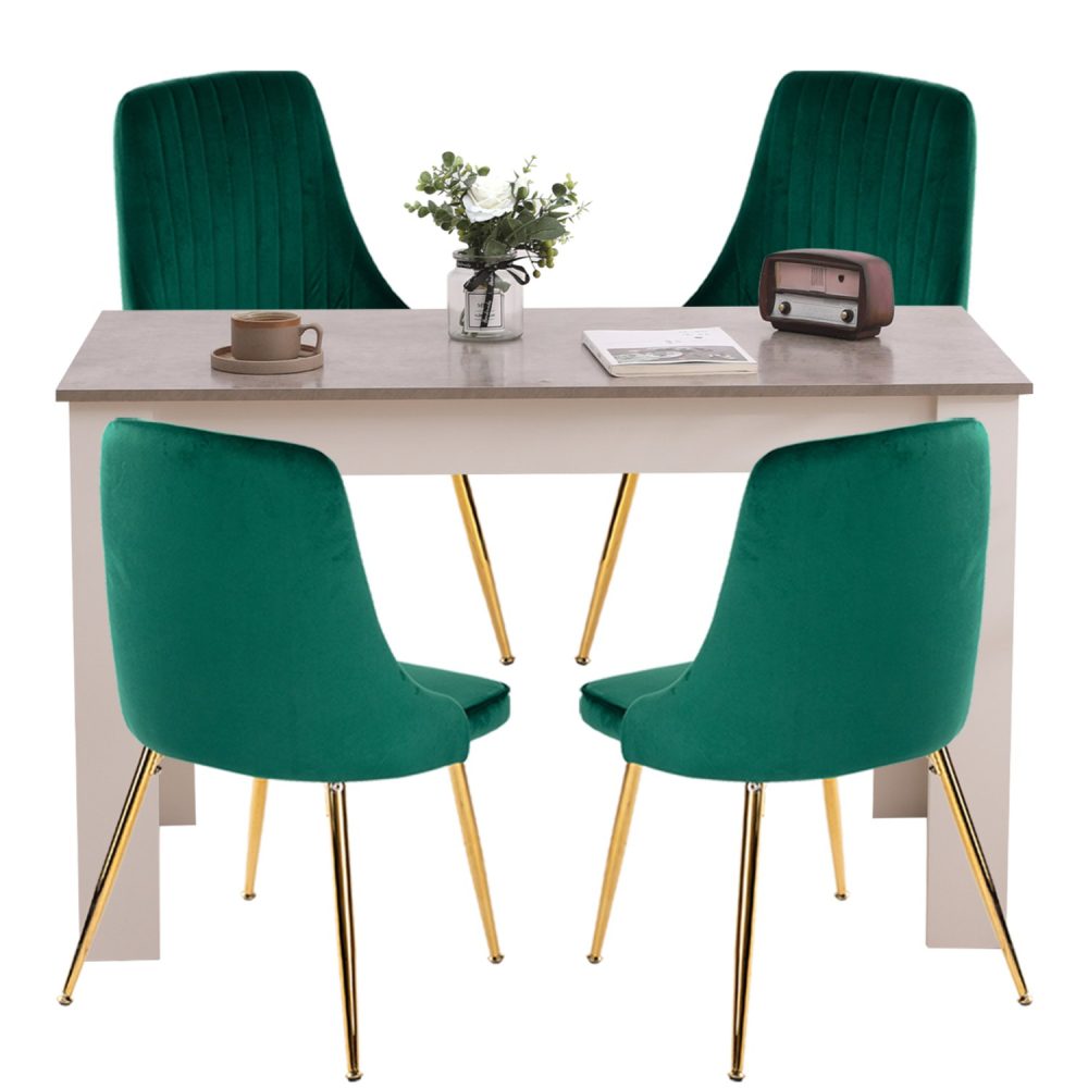 Grey Eveline Dining Set With 4 Green Velvet Chairs