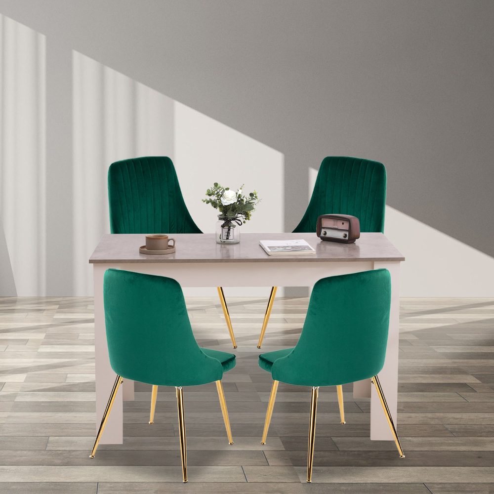 Grey Eveline Dining Set With 4 Green Velvet Chairs