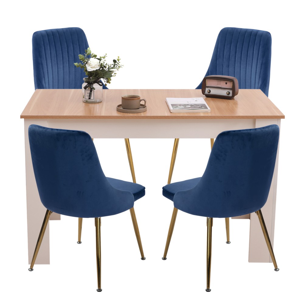 Natural Eveline Dining Set With 4 Blue Velvet Chairs