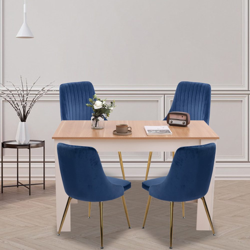 Natural Eveline Dining Set With 4 Blue Velvet Chairs