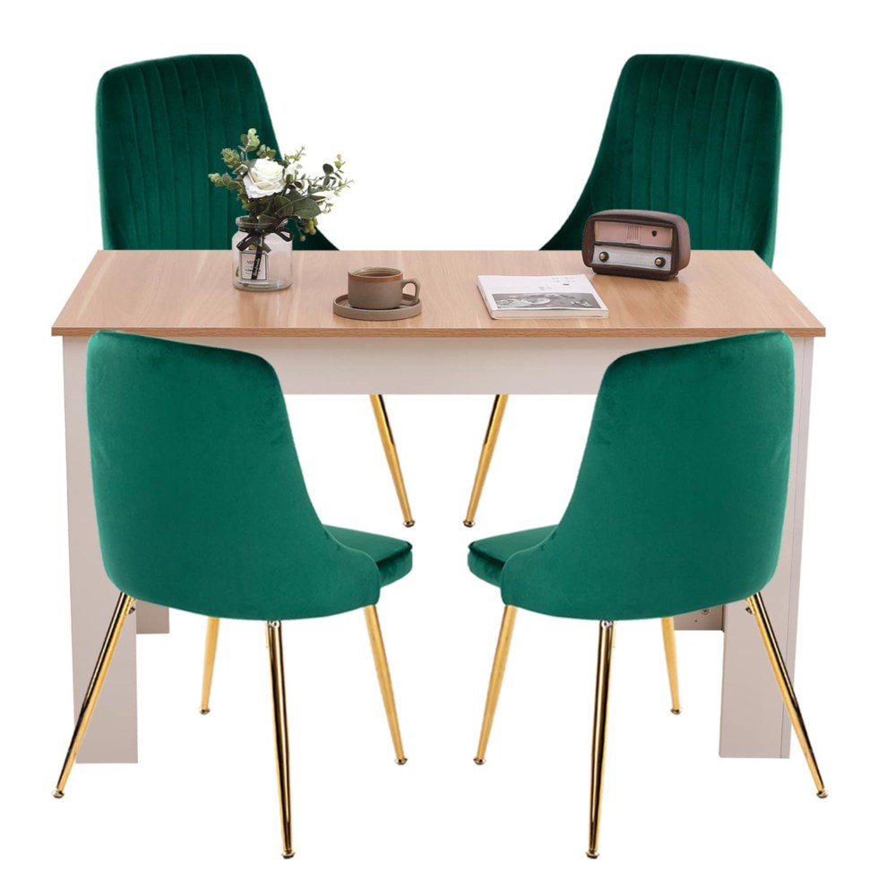 Natural Eveline Dining Set With 4 Green Velvet Chairs