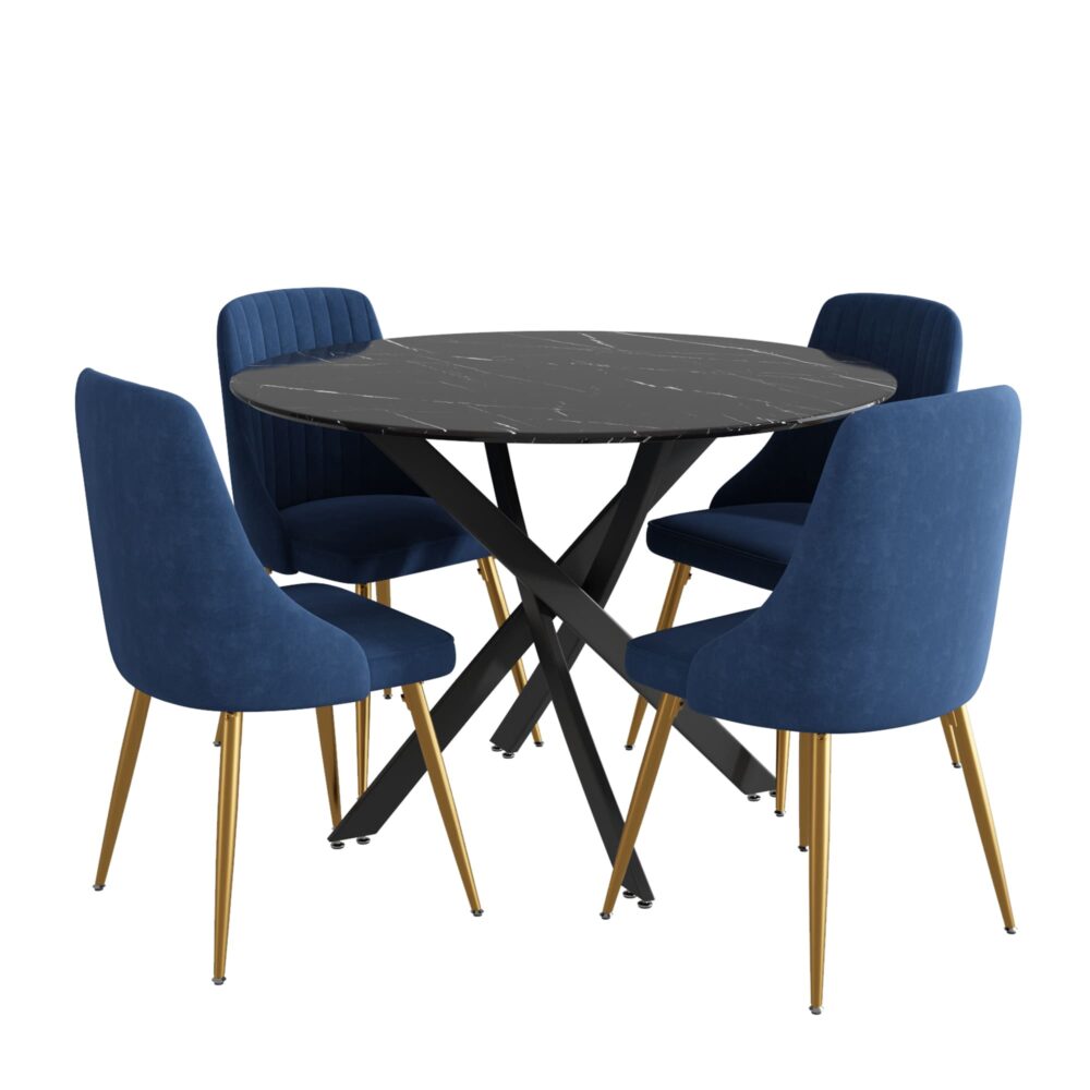 Camille Dining Set With 4 Blue Velvet Chairs