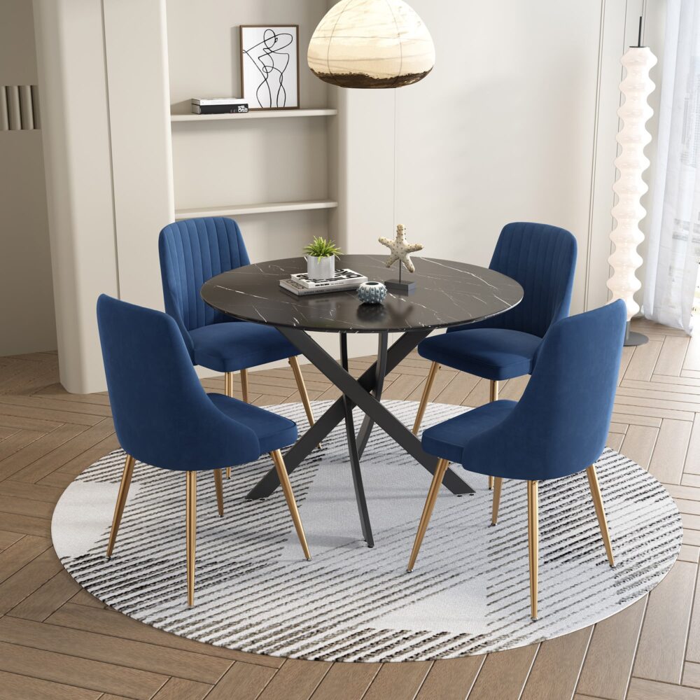 Camille Dining Set With 4 Blue Velvet Chairs